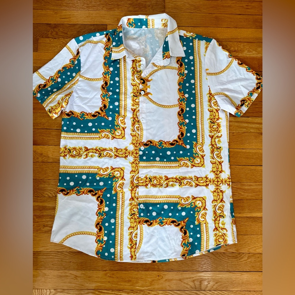 Men's White and Teal Baroque Pattern Shirt Size Xl  New